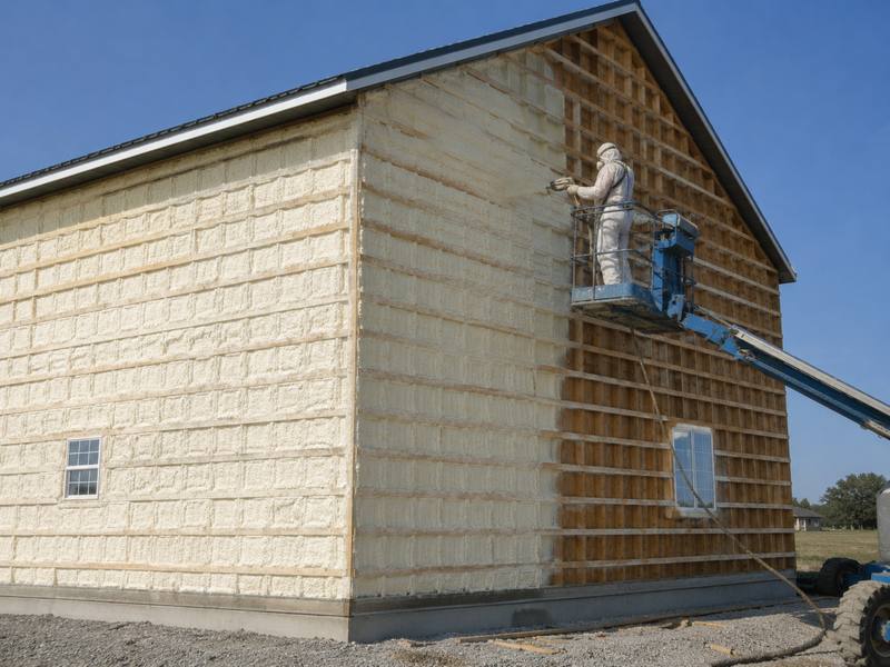 Exterior barn wall being sprayed from a boom lift